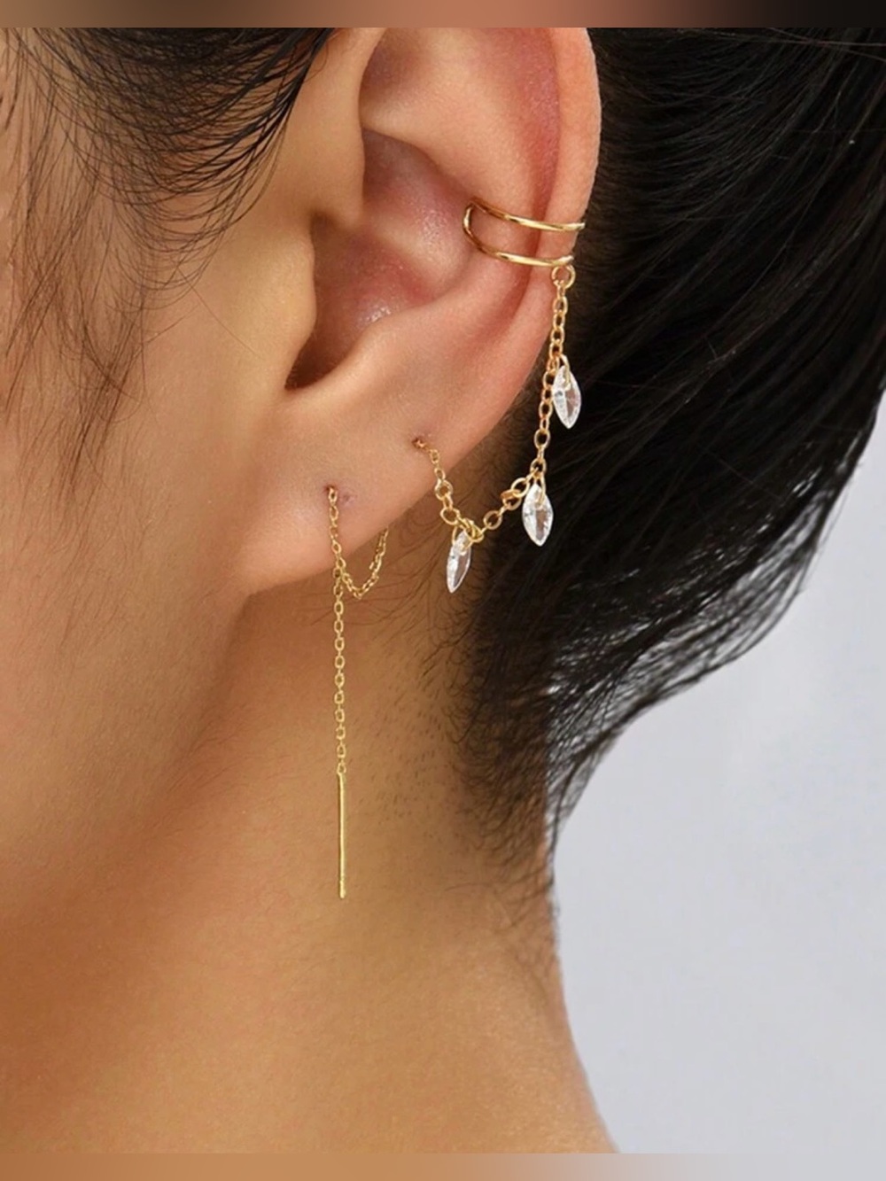 Gold Chain Drop Earrings with Clear Crystal Accents A2093